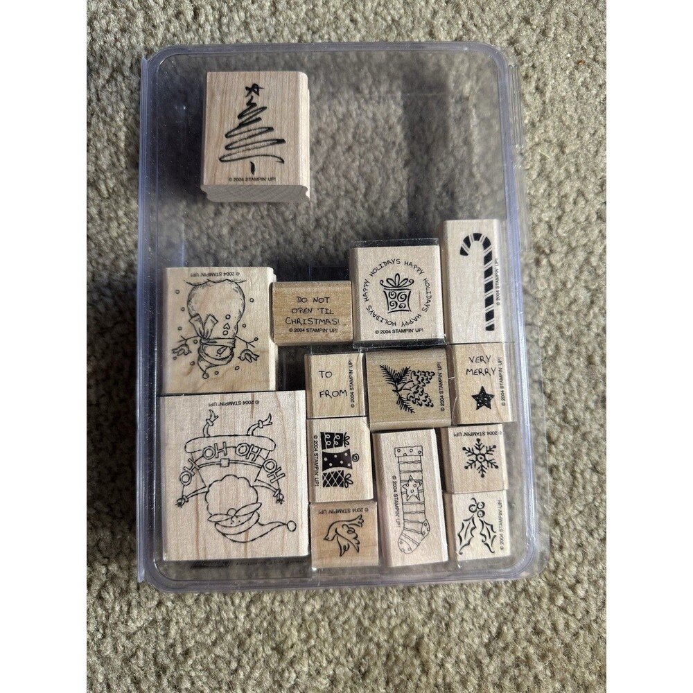 2004 Stampin Up HOLIDAY TAG TEAM 14 pc RUBBER INK WOOD-MOUNTED STAMP SET